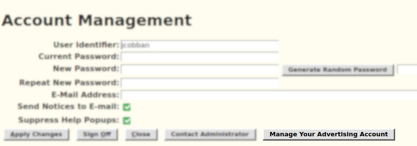 Account Dialog for an Advertiser
